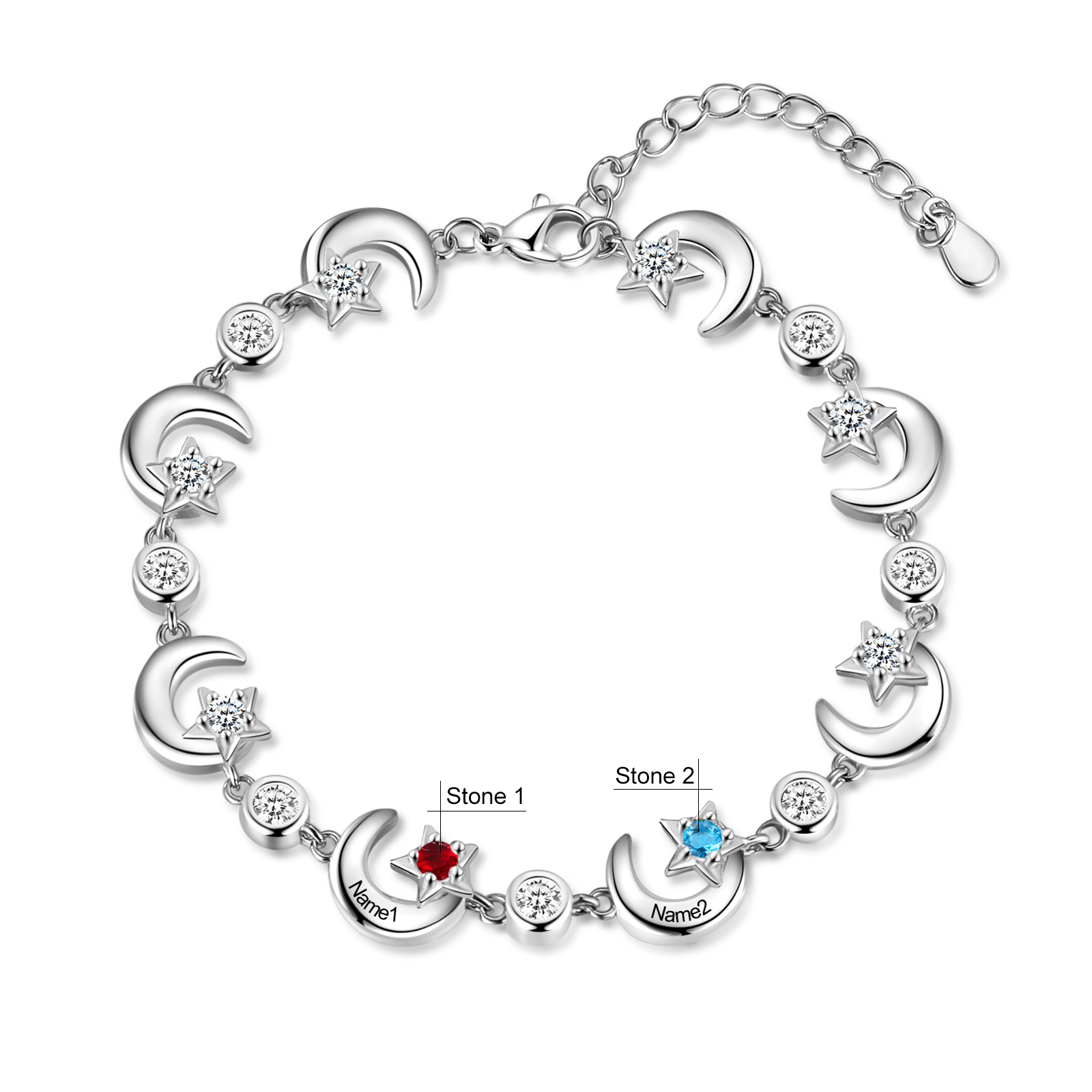 Personalised Moons And Stars Bracelet With 2 Birthstones Custom Names Bracelet Gift For Women-Jessemade AU