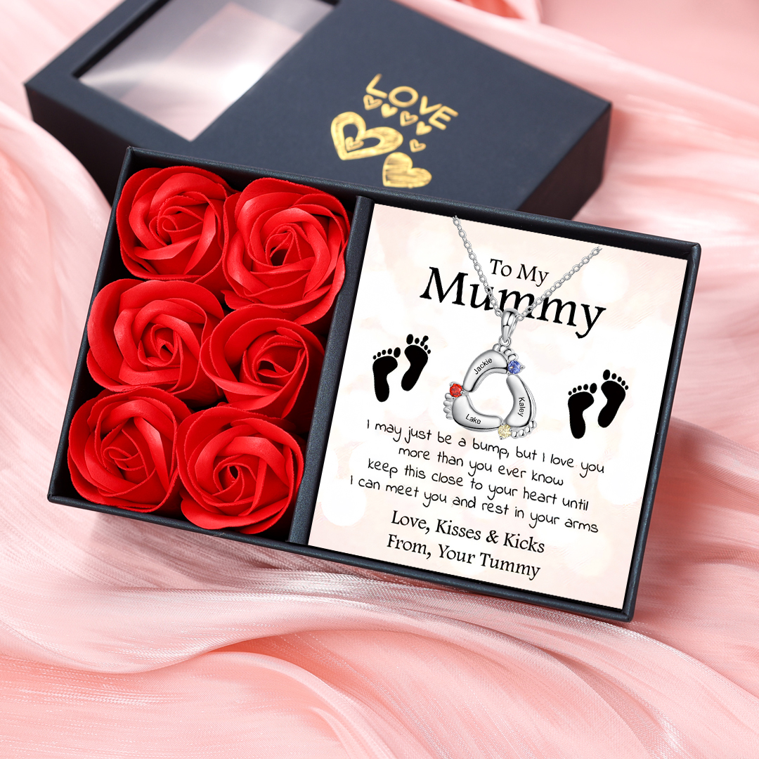 3 Names - To My Mum Baby Feet Necklace Customised with Names & Birthstones Necklace Mother's Day Gifts-Jessemade AU