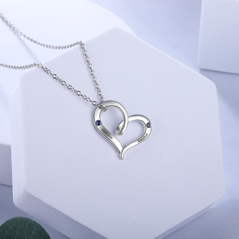 Personalised Heart Necklace With 1 Birthstone Engraved Names Gift For Her-Jessemade AU