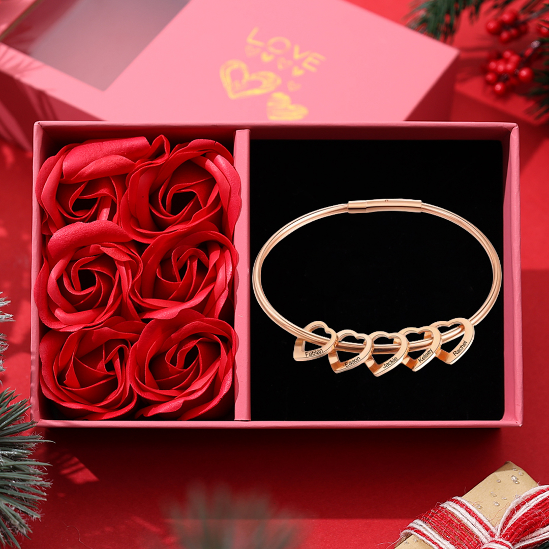 Personalised Love Bracelet with 5 Heart Charms Engraved 5 Names Bangle Bracelet Rose Gift for Her