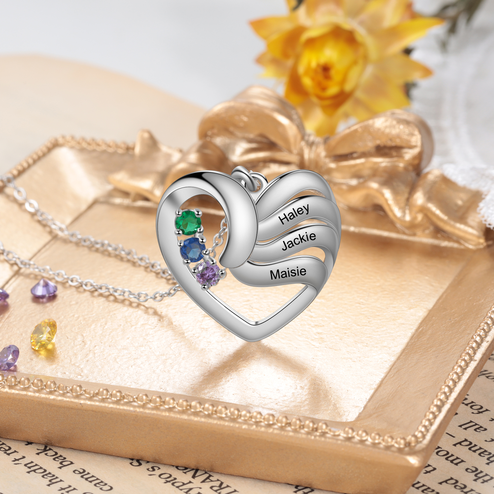 Customised Heart Necklace With 3 Birthstones Engraved Names Family Necklace Gifts for Her-Jessemade AU
