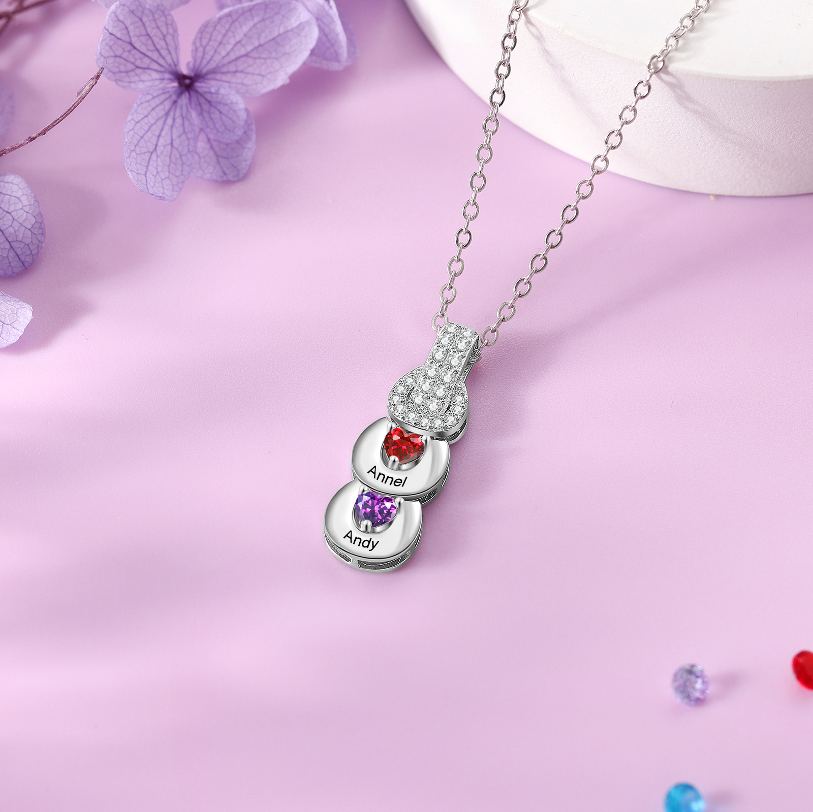 Custom Family Necklace Cascading Pendant with 2 Birthstones Engraving 2 Names Gifts for Her-Jessemade AU