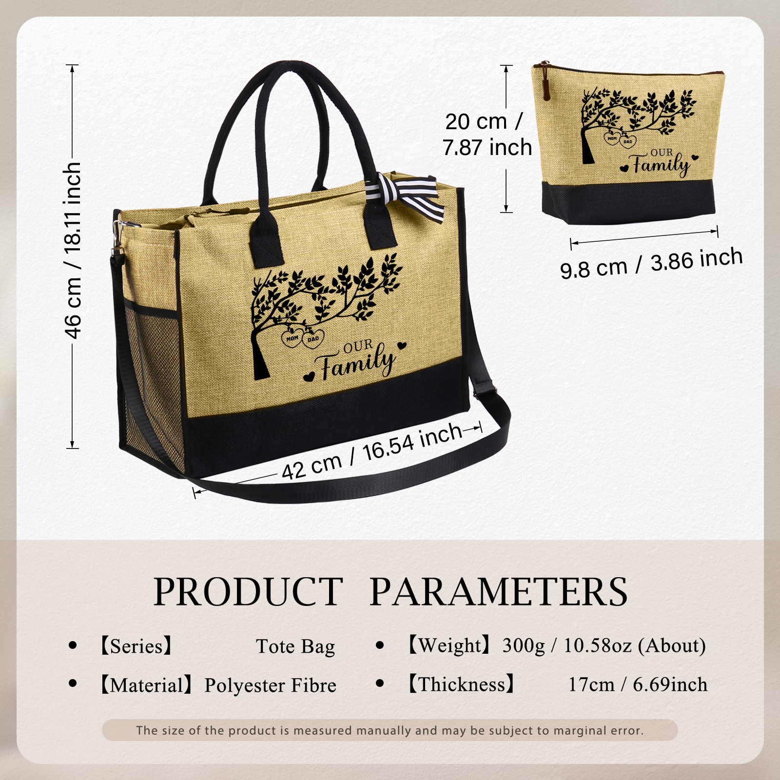 Personalised Family Tree Tote Bag Set Custom 2 Names & 1 Text Handbag Large Capacity Shoulder Bag Shopping Bag Zipper Bag Gift for Mother/Grandma-Jessemade AU