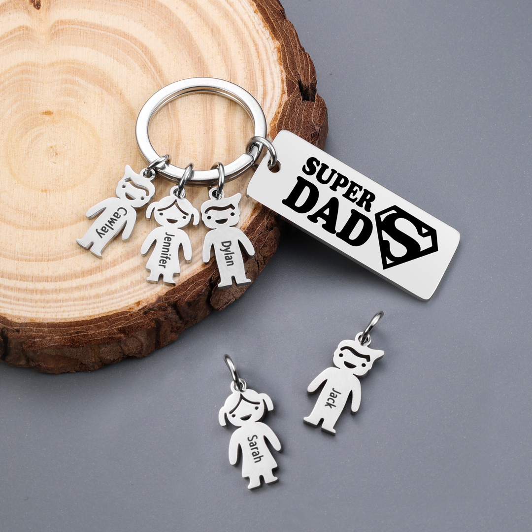 Father's Day Gift Personalised Super Dad Keychain Engraved 2 Kid Charms-Jessemade AU