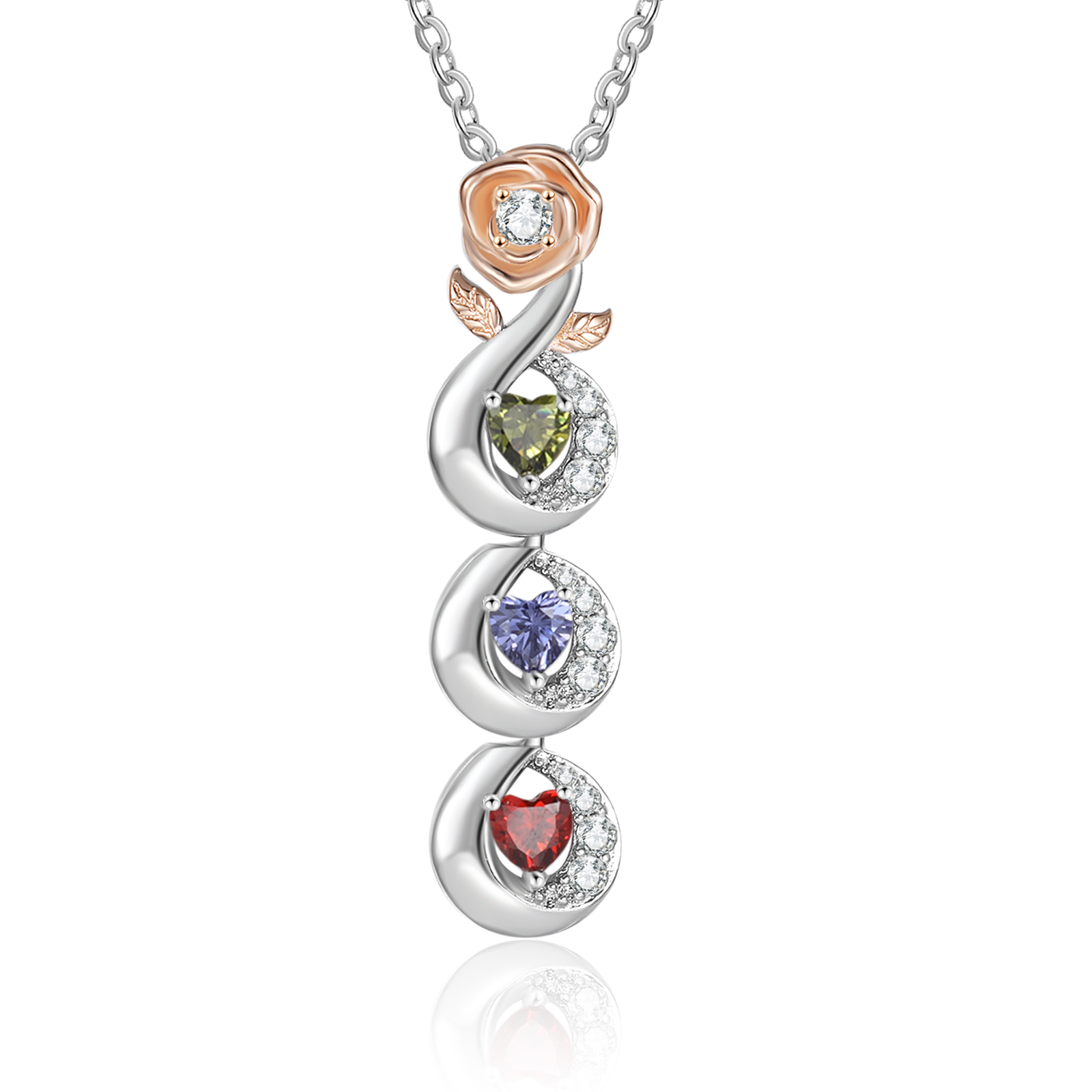 Custom Family Necklace Rose Pendant with 3 Birthstones Engraving 3 Names Gifts for Her-Jessemade AU