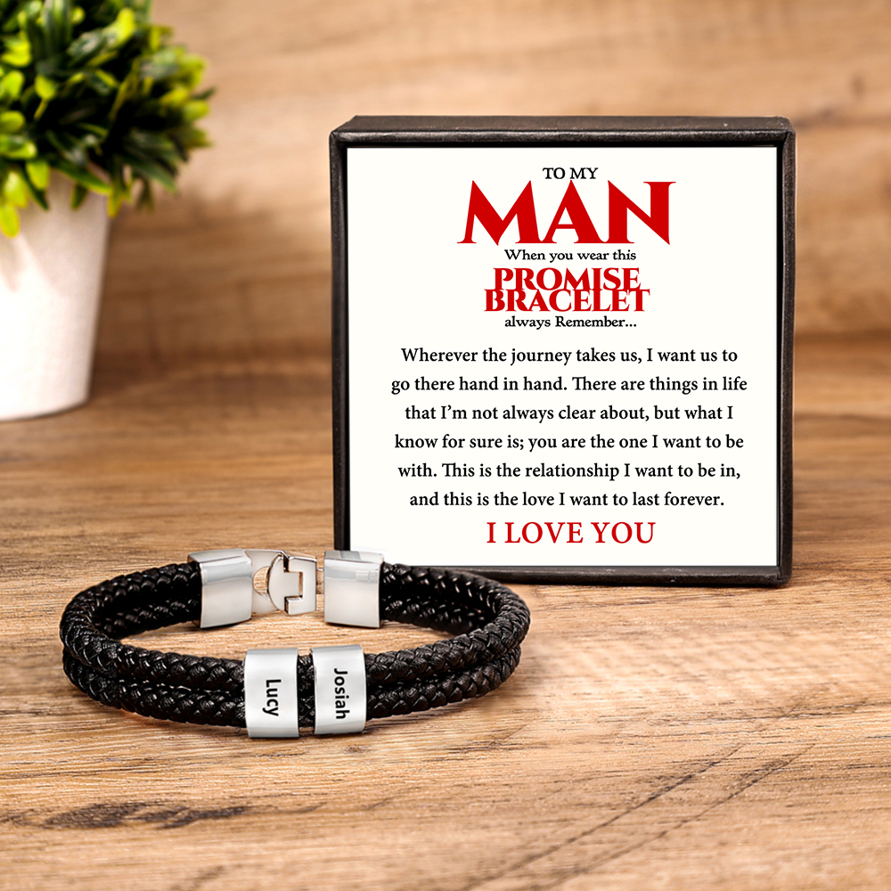Personalised Braided Leather Bracelet Engraved 2 Names Men's Bracelet for Him-Jessemade AU