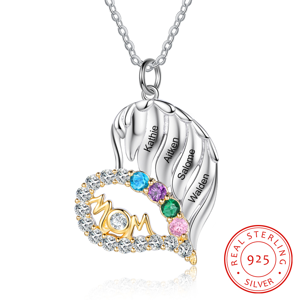 Personalised Heart Necklace With 4 Birthstones Engraved Names Gift For Mother-Jessemade AU