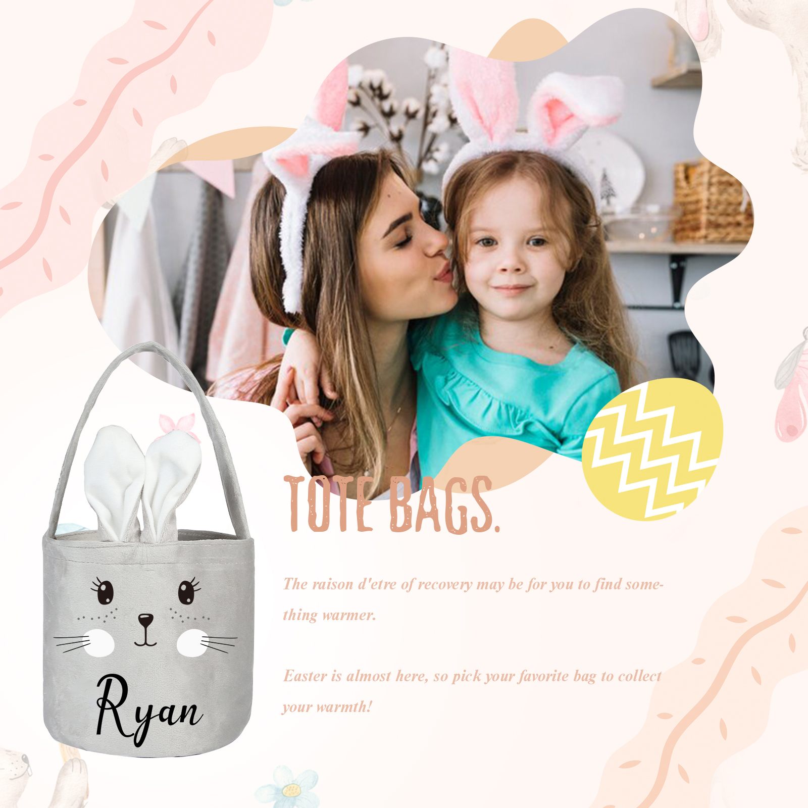 Personalised Bunny Tote Bag Custom Name Bucket Bag Bunny Basket Easter Gifts-Jessemade AU