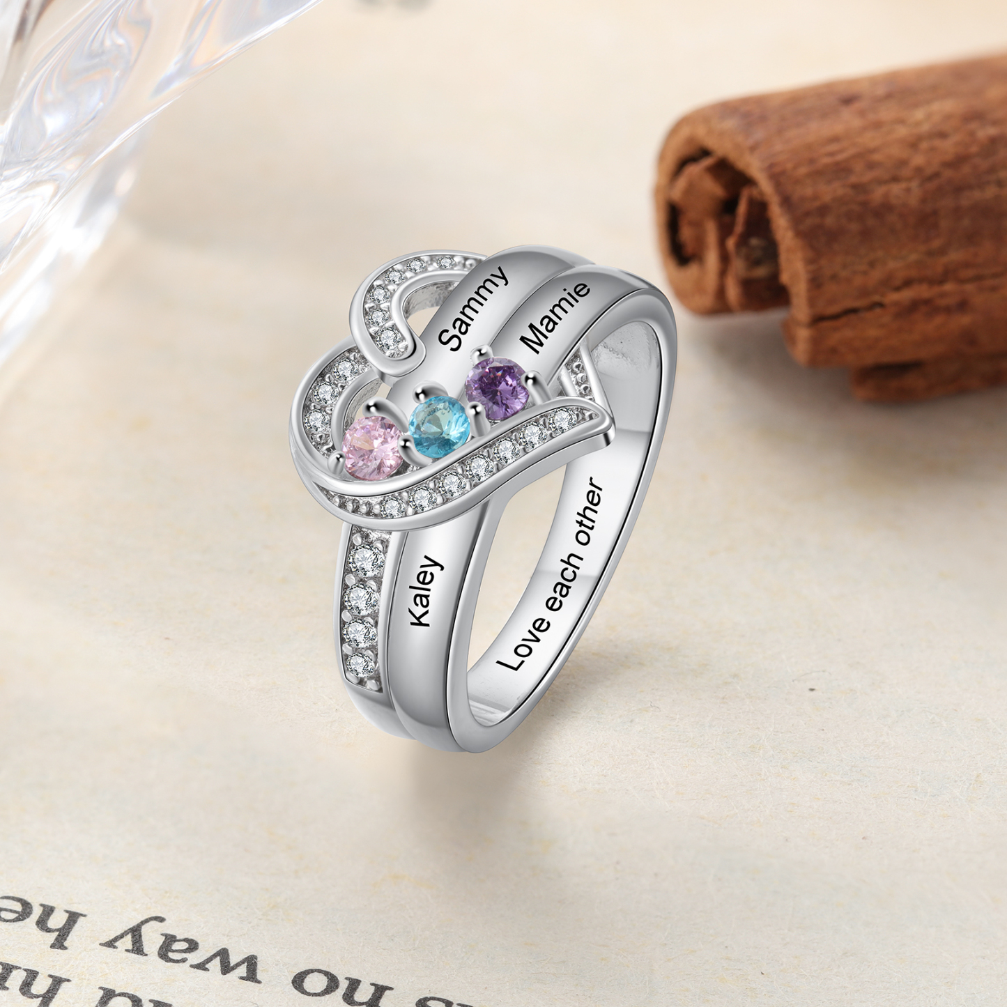 S925 Silver Personalised Mother Ring with 3 Birthstones Heart Family Ring-Jessemade AU