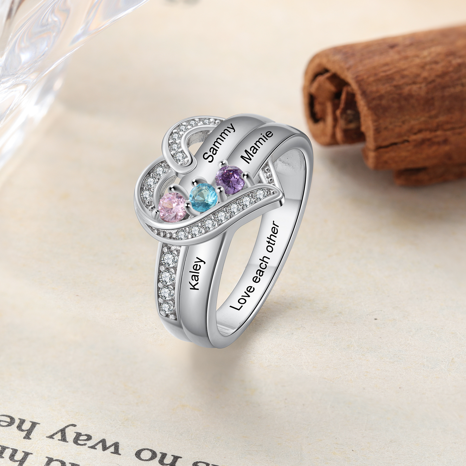S925 Silver Personalised Mother Ring with 3 Birthstones Heart Family Ring-Jessemade AU