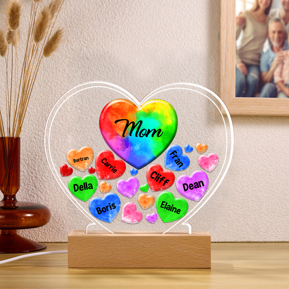 Personalised Text Acrylic Night Light Colourful Hearts Family Custom 1–14 Names LED Lamp Gifts For Mother/Grandma-Jessemade AU