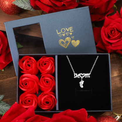 Mother Necklace with 1 Baby Foot Pendant Engraved 1 Name Rose Gift Set