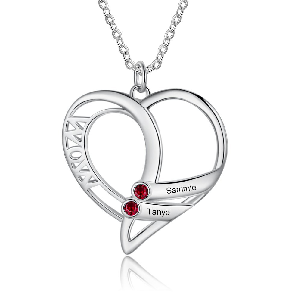 Personalised Heart Necklace With 2 Birthstones Engraved Names Gift For Mother-Jessemade AU