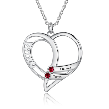 Personalised Heart Necklace With 2 Birthstones Engraved Names Gift For Mother-Jessemade AU