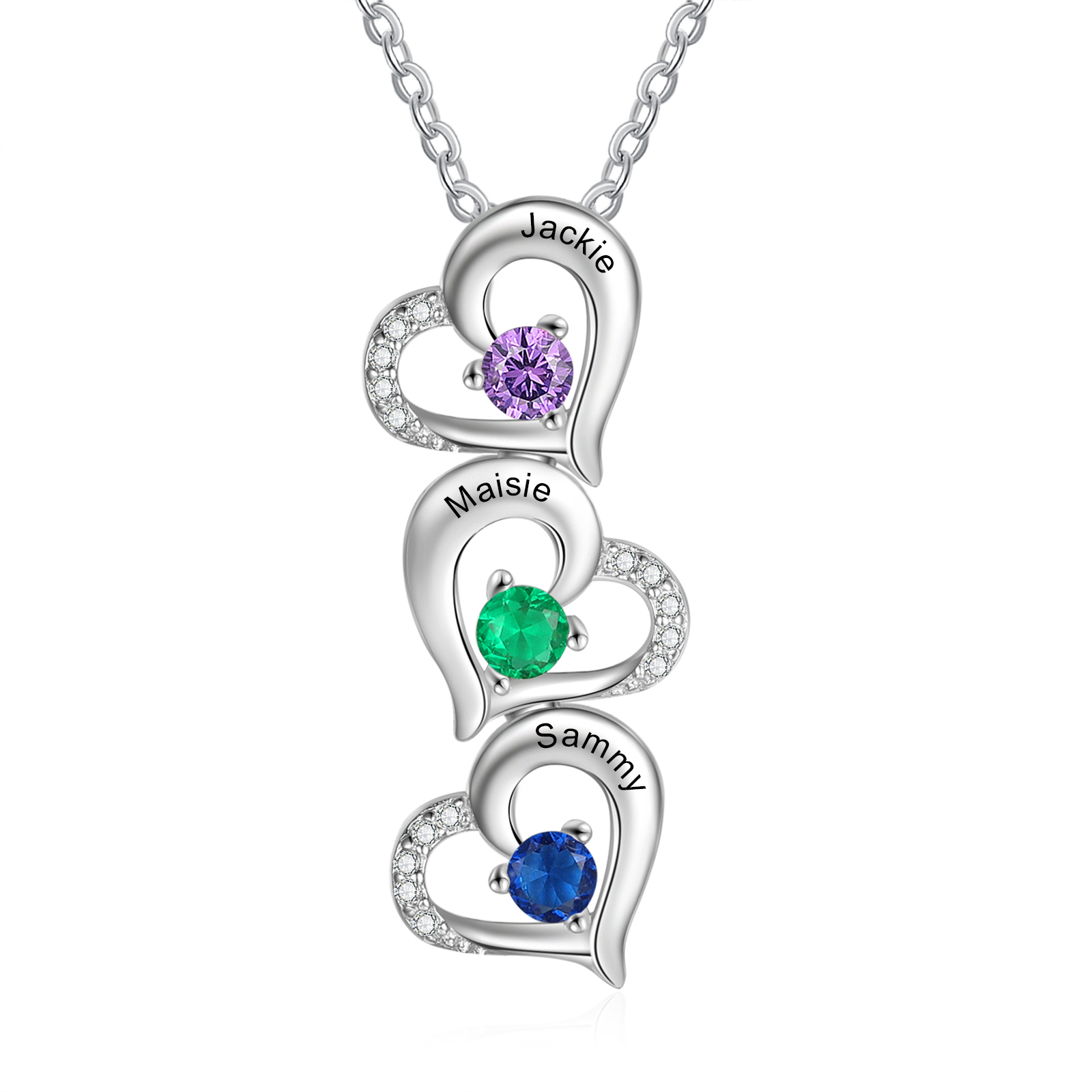 Personalised Heart Necklace With 3 Birthstones Engraved Names Gift For Her-Jessemade AU