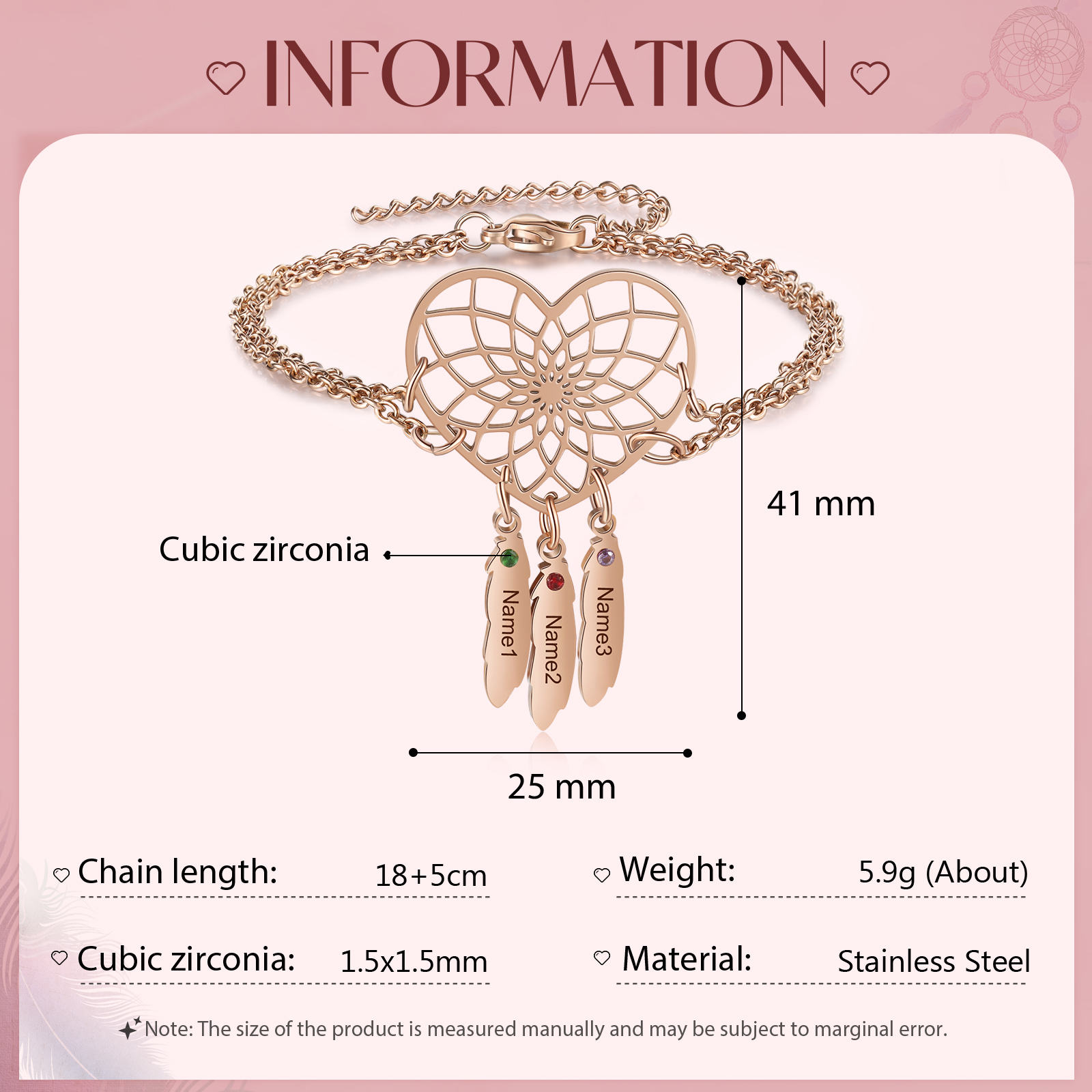 Personalised Heart Dream Catcher Bracelet with Birthstones Engrave 3 Names Gifts For Her-Jessemade AU