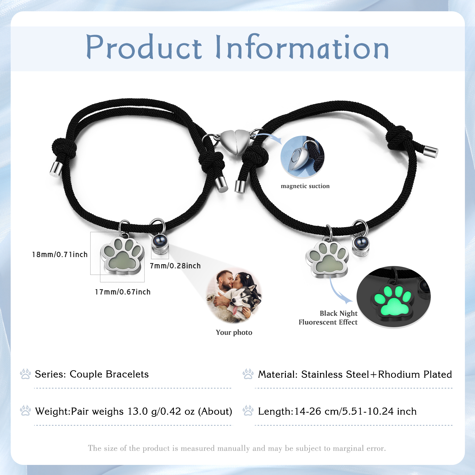 Personalised Photo Projection Bracelet Set Dog Paw Fluorescent Magnetic Bracelet Matching Gifts For Couples/Friends-Jessemade AU