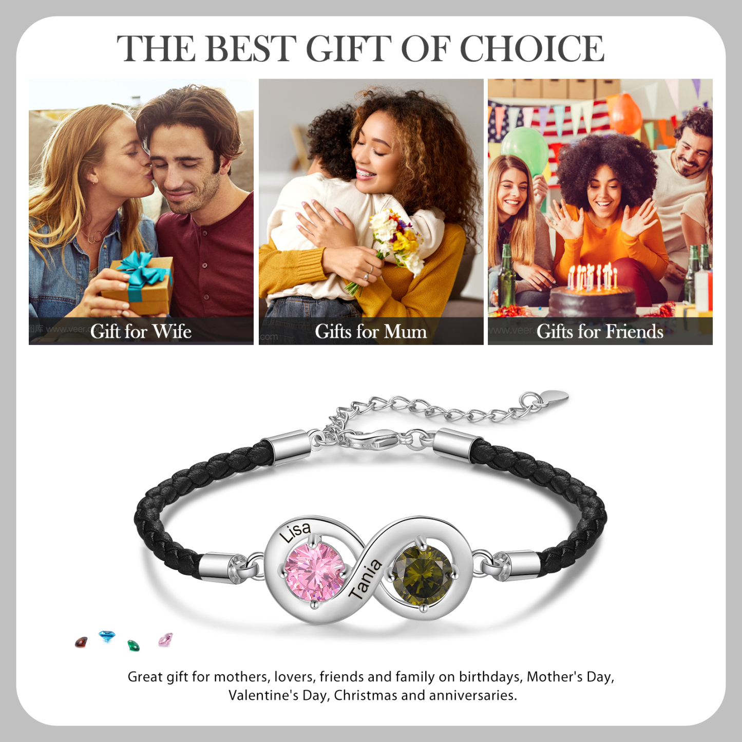 Personalised Infinity Bracelets Custom 2 Birthstones & 2 Names Adjustable Bracelet Gift for Her-Jessemade AU