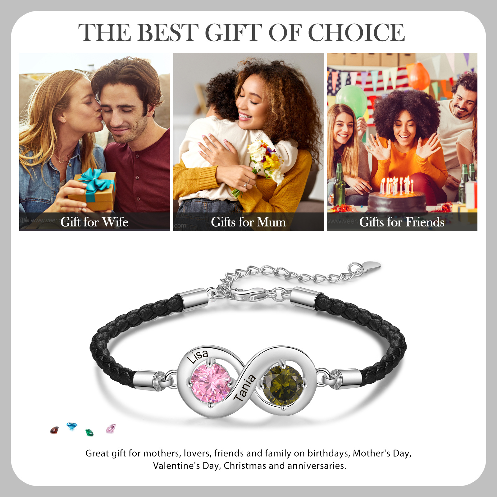 Personalised Infinity Bracelets Custom 2 Birthstones & 2 Names Adjustable Bracelet Gift for Her-Jessemade AU