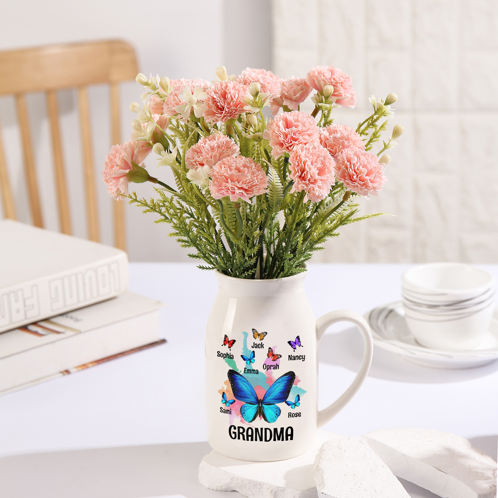 Personalised Ceramic Flower Vase Custom 2–8 Names & 1 Text Colourful Butterfly Vase Gift for Mother/Grandma-Jessemade AU