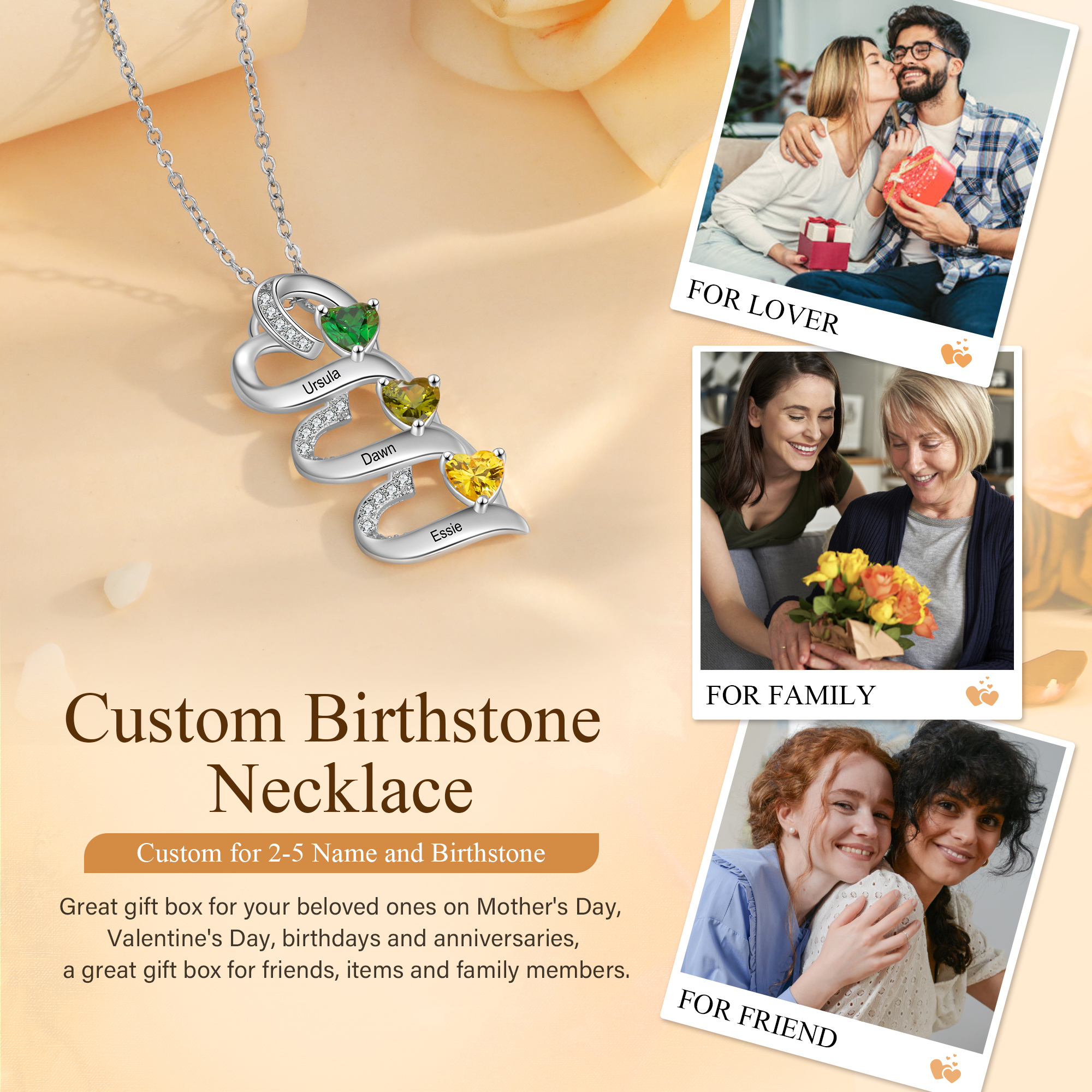 Personalised Heart Pendant Necklace Custom 3 Birthstones & 3 Names Necklace Gifts for Her-Jessemade AU