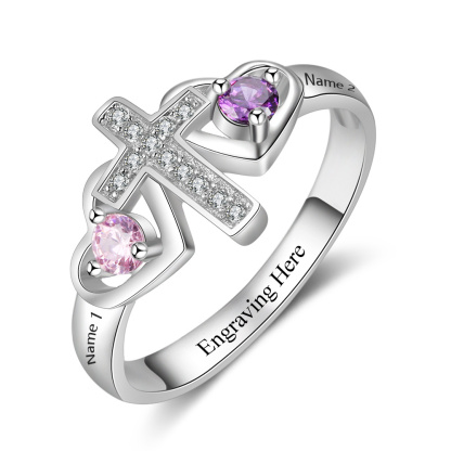 S925 Silver Ring Personalised 2 Birthstones Cross Ring With Names Gifts For Her-Jessemade AU