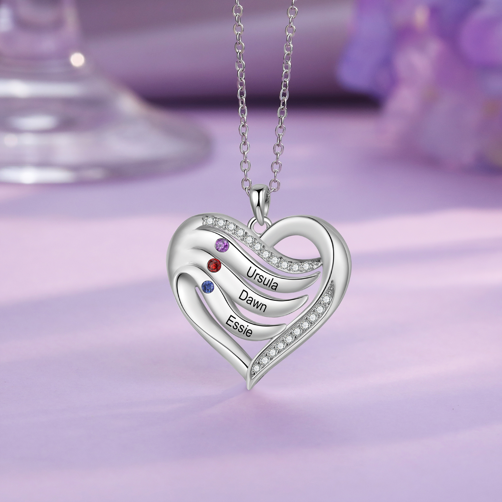 Personalised Intertwined Heart Pendant Necklace Custom 3 Birthstones & 3 Names Necklace Gifts for Her-Jessemade AU