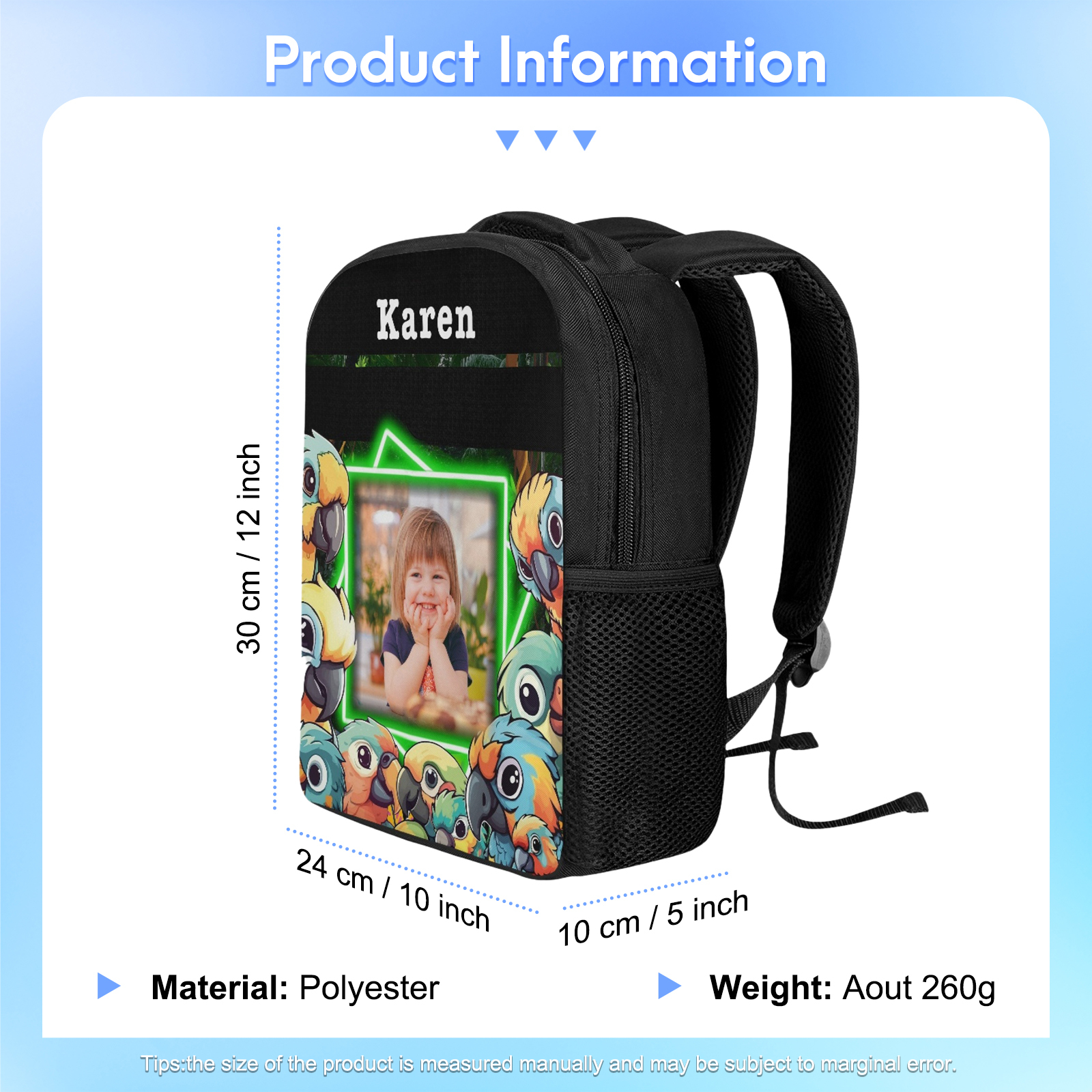 Personalised School Bag Custom Name And Photo Schoolbag Parrot Backpack for Kids-Jessemade AU