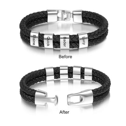 Personalised Braided Leather Mens Bracelet With Custom Engraved 4 Kids Names - Father's Day Gift for Dad | Jessemade-Jessemade AU