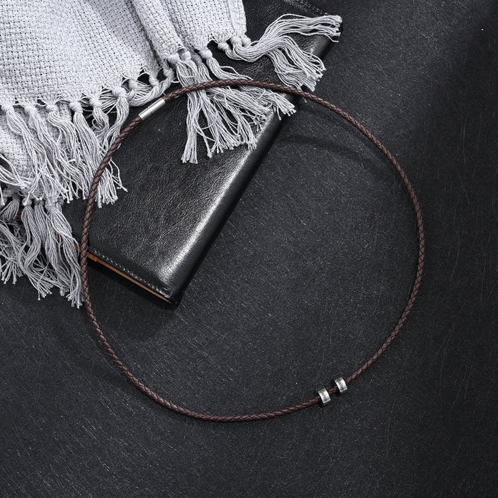 Leather Braided Bracelet Men Bracelets Personalised 3 Names 3 Beads Gift For Dad-Jessemade AU