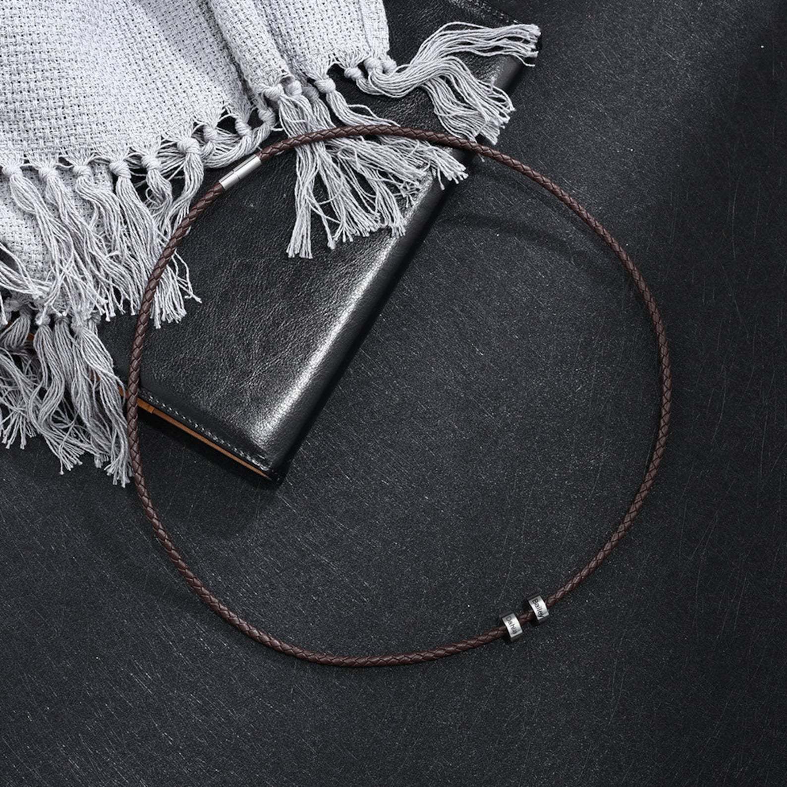 Leather Braided Bracelet Men Bracelets Personalised 3 Names 3 Beads Gift For Dad-Jessemade AU