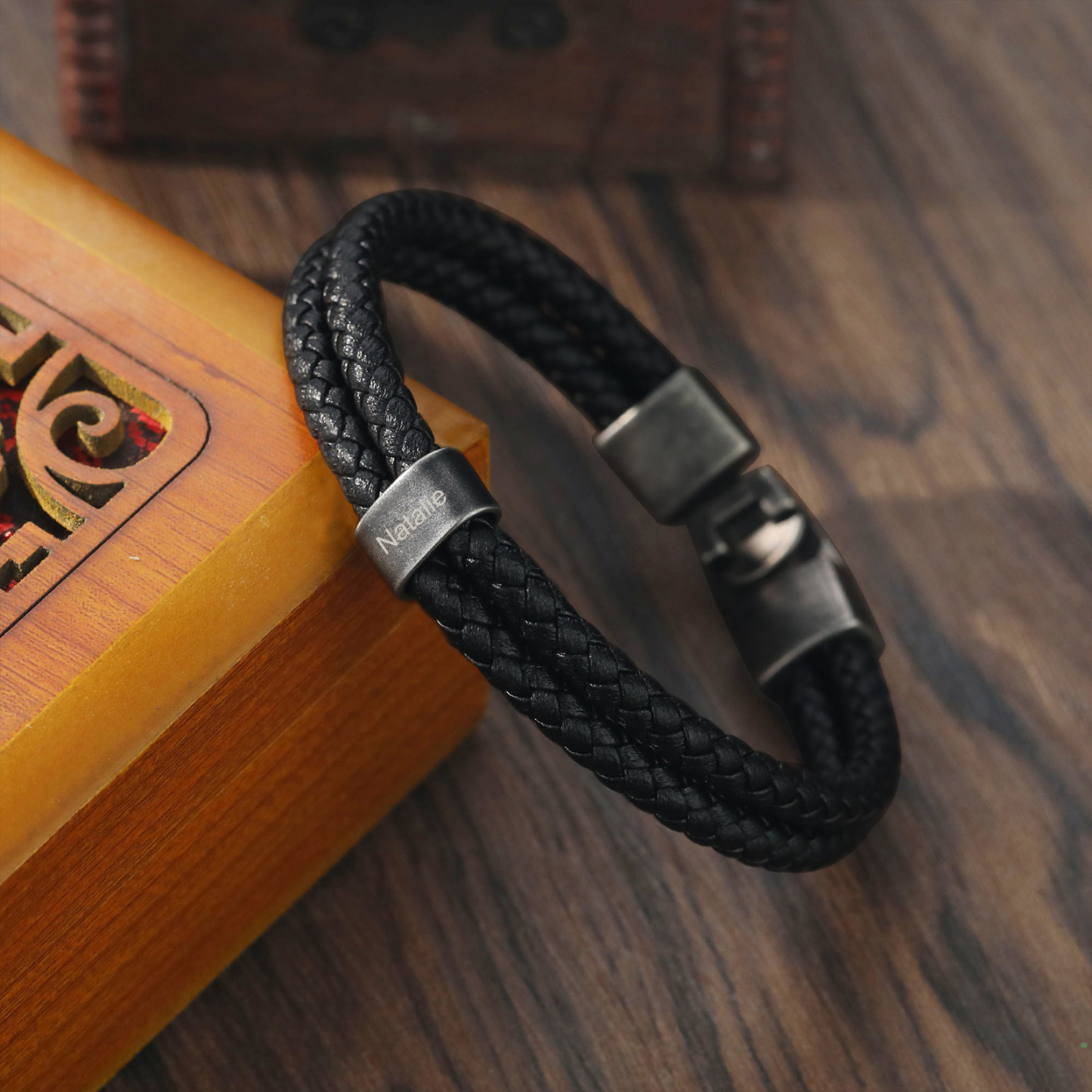 Personalised Men Leather Bracelet with 1 Name Beaded Wrap Bracelet Retro Style For Him-Jessemade AU