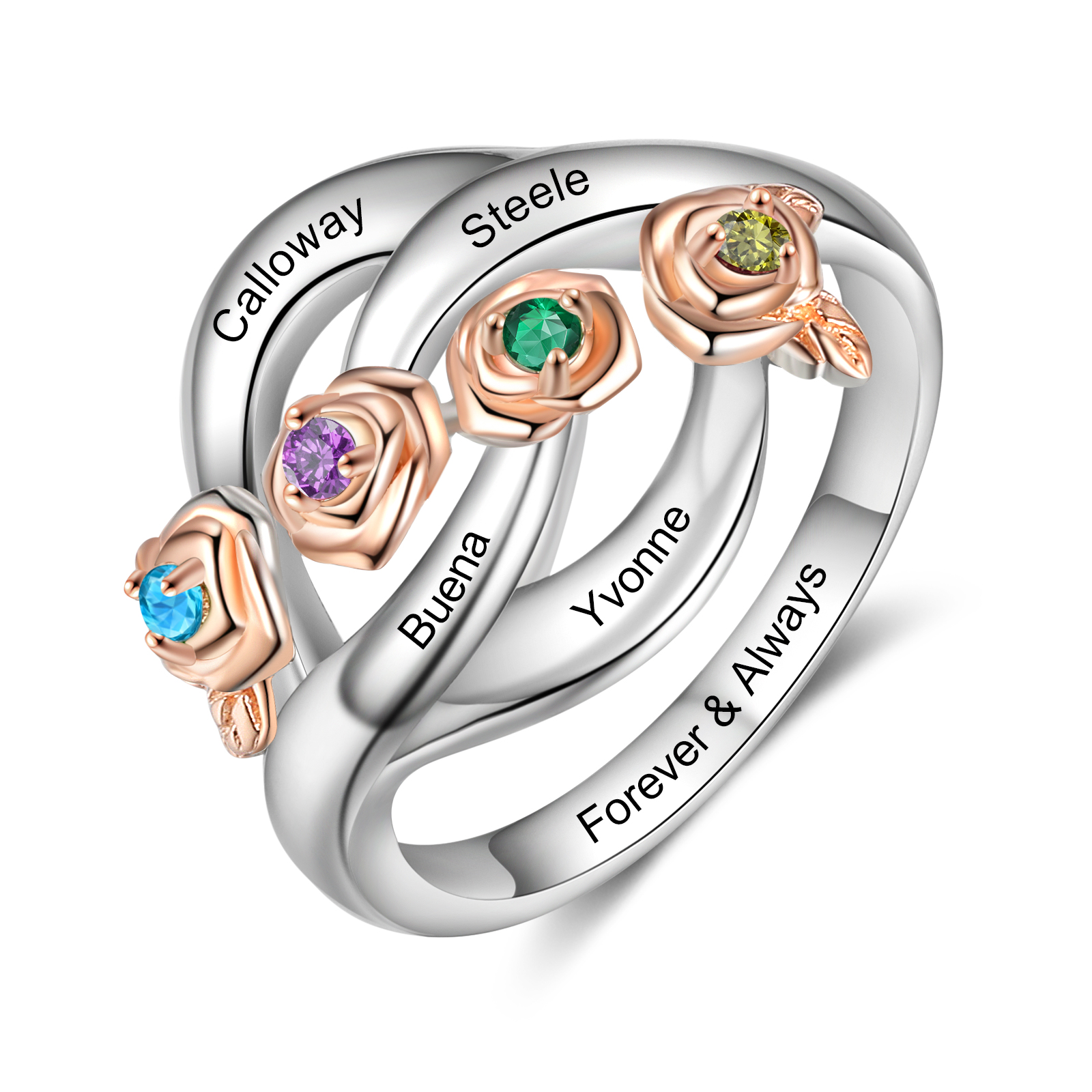 Personalised Rose Ring With 4 Birthstones Engraved Names Ring Gift For Women-Jessemade AU