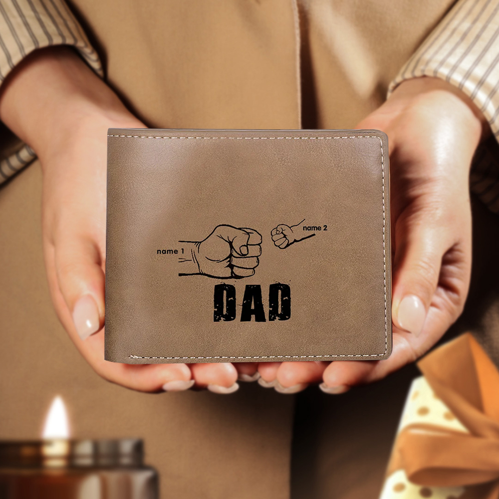 Personalised Leather Mens Wallet Engraved 2 Names Fist Bump Folding Wallet Father's Day Gifts-Jessemade AU