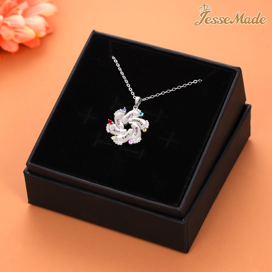 Personalised Baby Feet Necklace With 6 Birthstones Engraved Names Gift For Mother-Jessemade AU