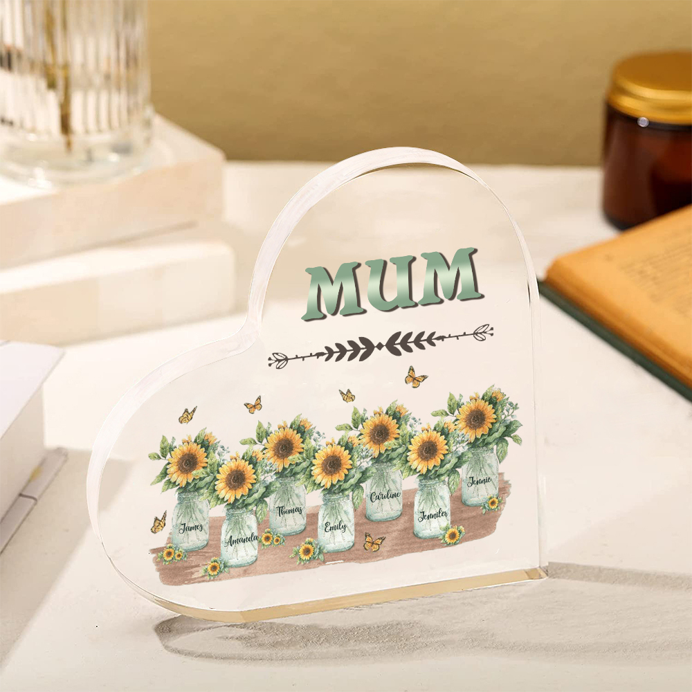Personalised Acrylic Heart Keepsake Custom 7 Names & 1 Text Sunflower Vase Ornament Gifts for Mother/Grandma-Jessemade AU