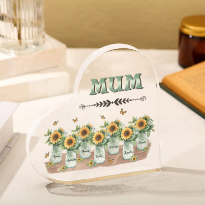 Personalised Acrylic Heart Keepsake Custom 7 Names & 1 Text Sunflower Vase Ornament Gifts for Mother/Grandma-Jessemade AU
