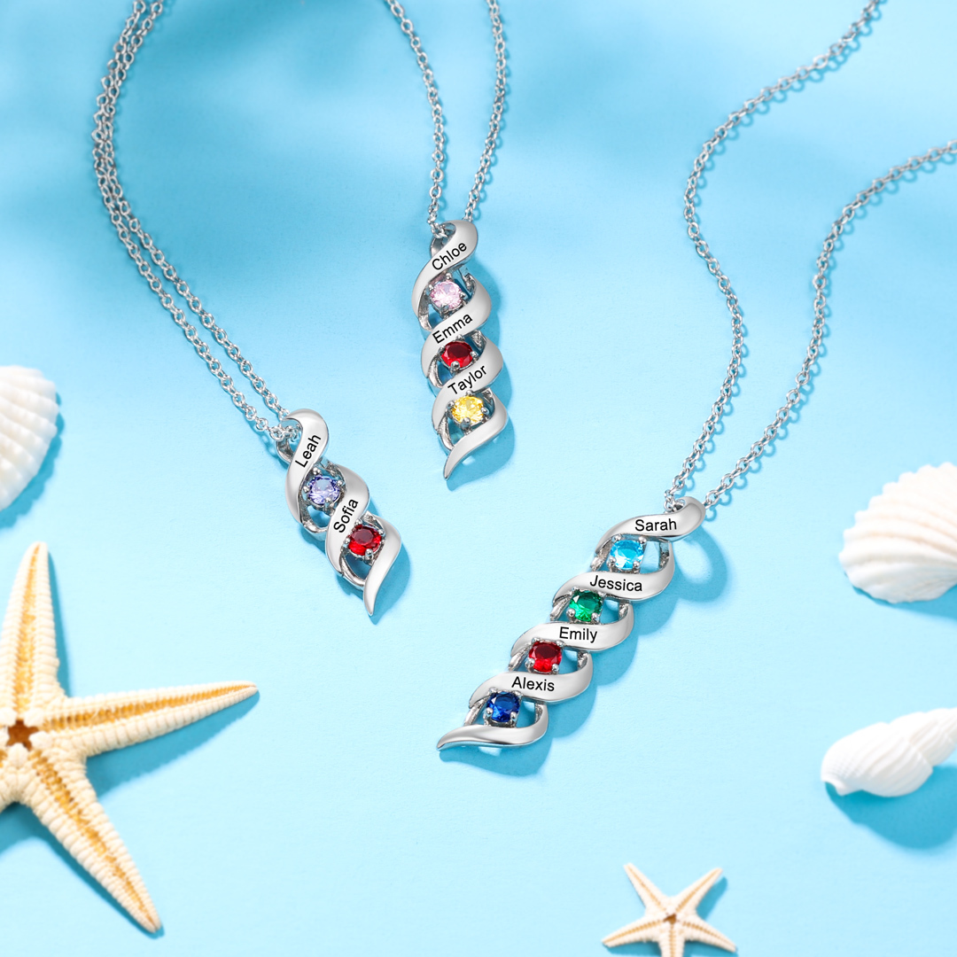 Personalised Necklace Cascading Pendant with 4 Birthstones Engraving 4 Names Gifts for Her-Jessemade AU