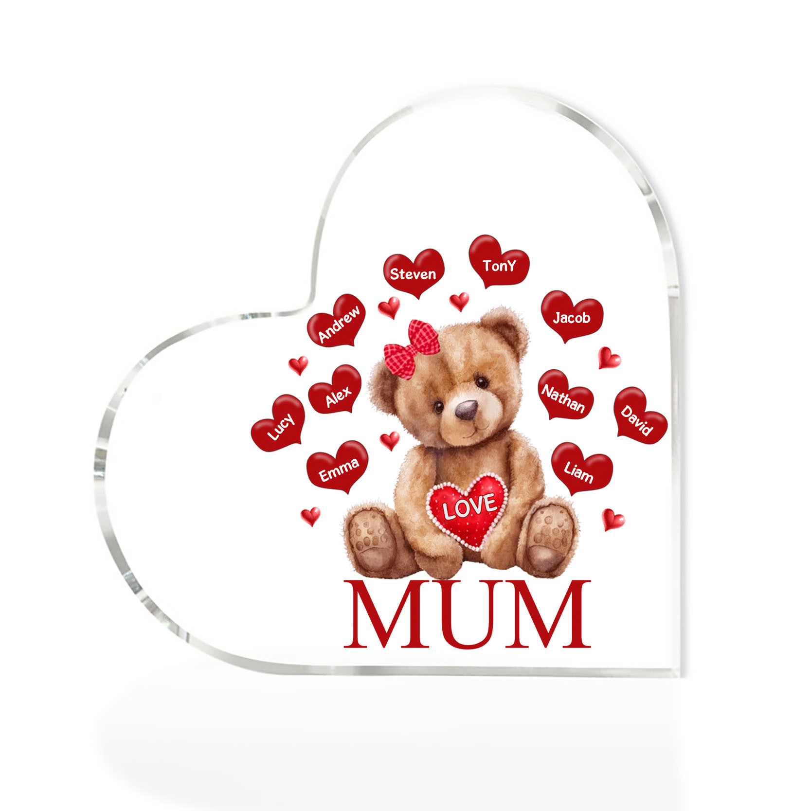 10 Names - Personalised Acrylic Heart Keepsake Custom 2 Texts Teddy Bear Ornaments Gifts for Grandma/Mother-Jessemade AU