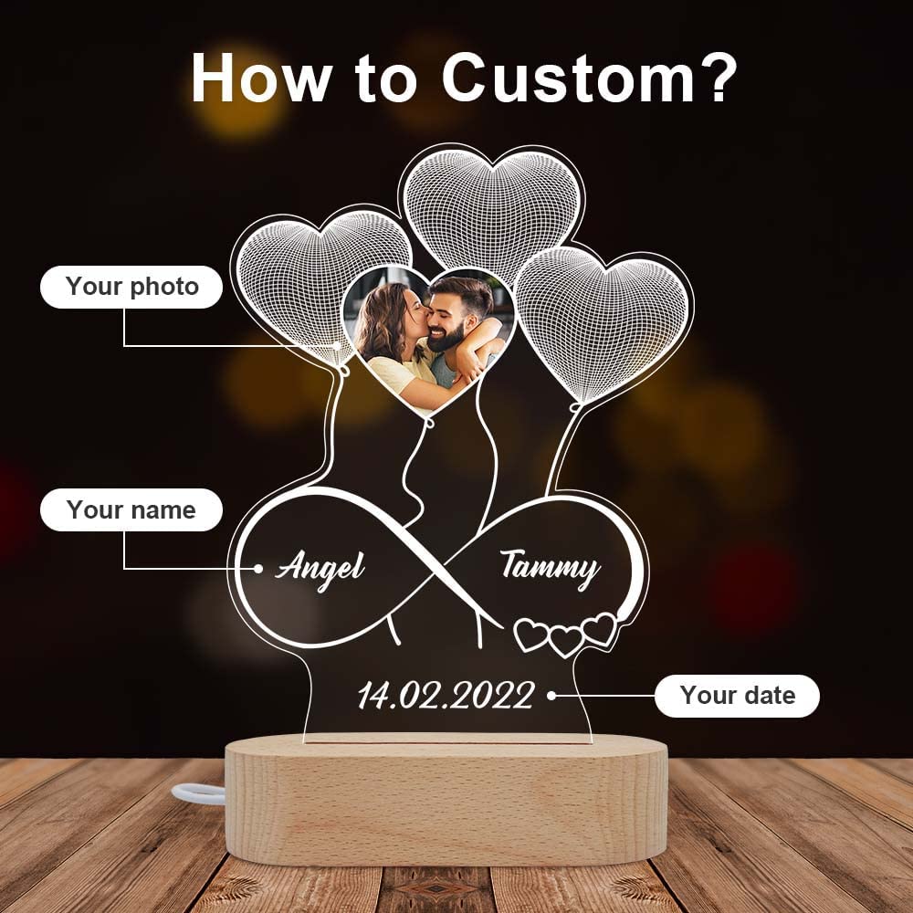 Personalised Heart Balloon Night Light Custom Photo Engraving 2 Names Infinite Love Style Wooden Lamp-Jessemade AU