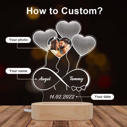 Personalised Heart Balloon Night Light Custom Photo Engraving 2 Names Infinite Love Style Wooden Lamp-Jessemade AU