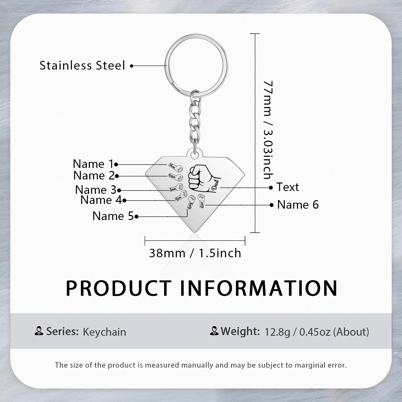 Personalised 6 Names & 1 Text Fist Bump Keychain Engraved Kids Names Keychain Gifts for Grandpa/Dad-Jessemade AU