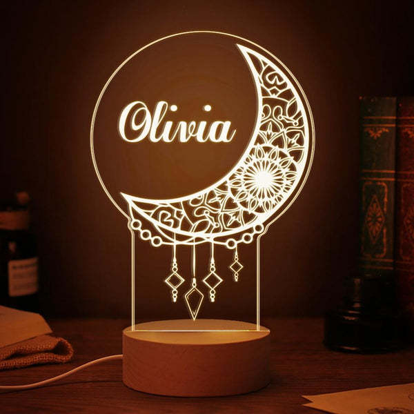 Personalised Moon Wooden Night Light Custom Name Gifts For Kids-Jessemade AU