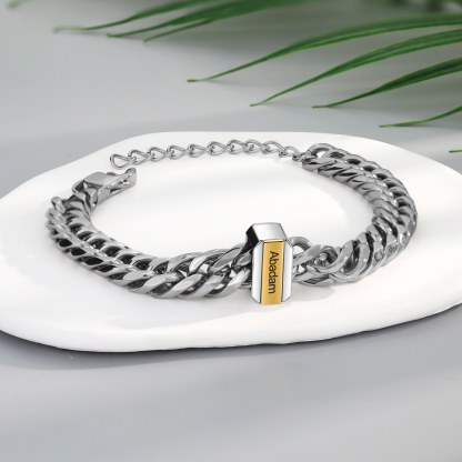 Personalised Mens Cuban Link Chain Bracelet Engraved Name 1 Bead Father's Day Gift
