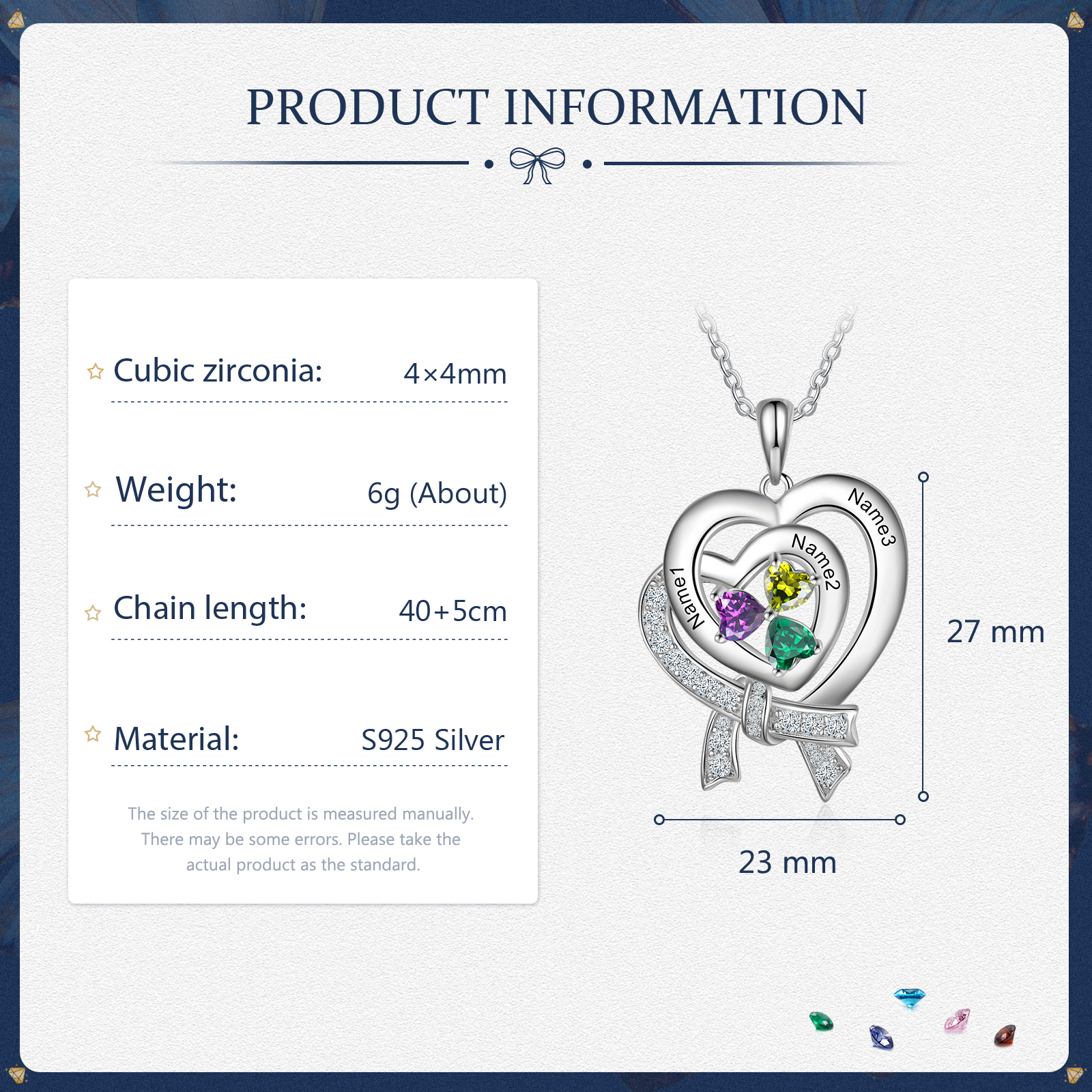 Personalised Heart Necklace With 3 Birthstones Custom Names Best Gift For Women-Jessemade AU