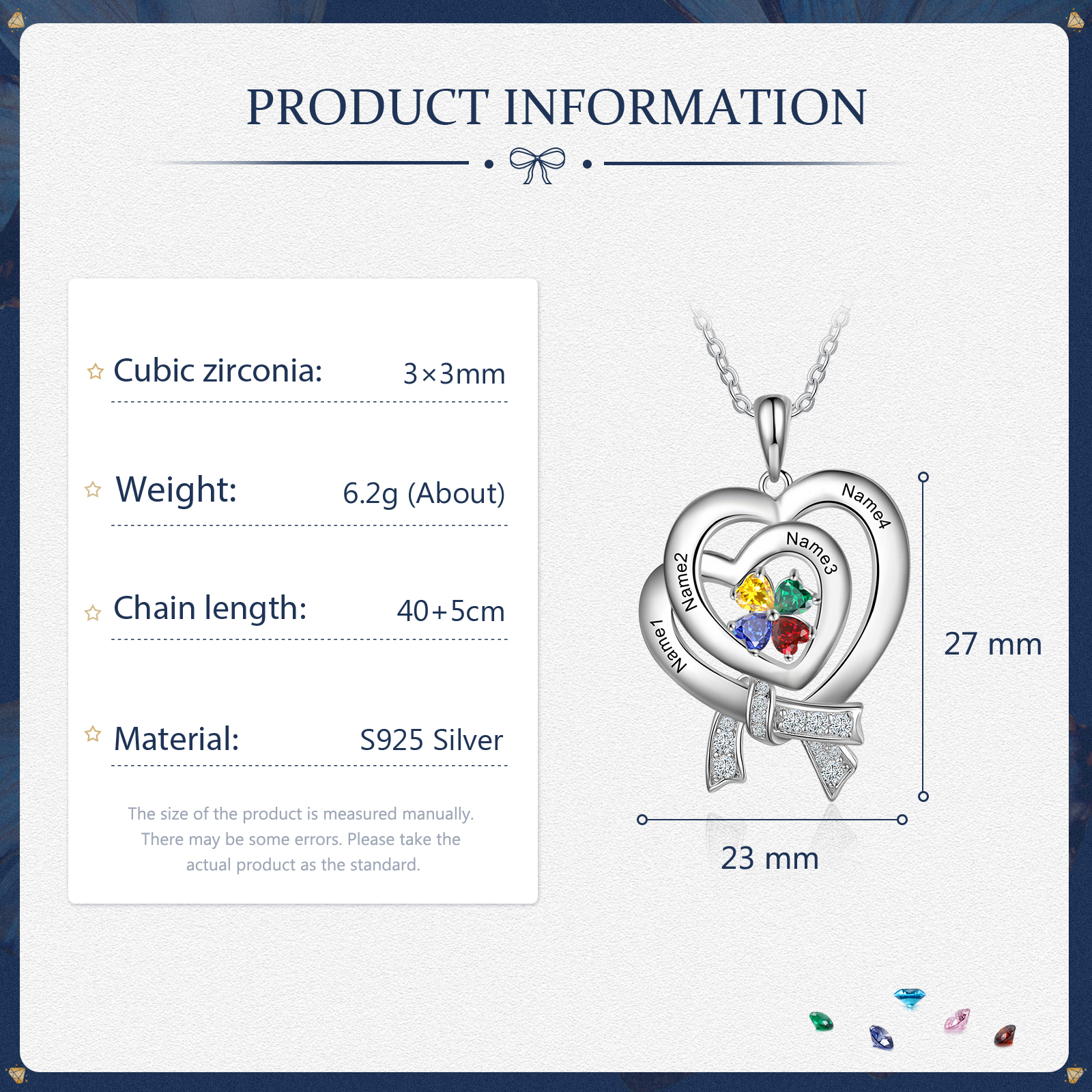 Personalised Heart Necklace With 4 Birthstones Custom Names Best Gift For Women-Jessemade AU
