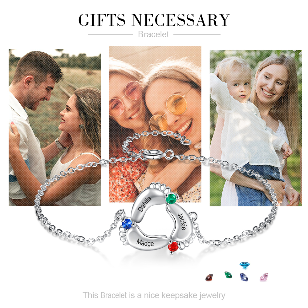 Personalised Baby Feet Keychain With 3 Birthstones Engraved names Keychain Gifts For Mother-Jessemade AU