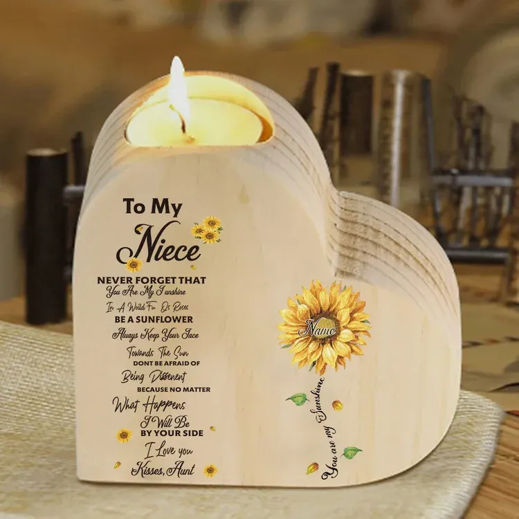 To My Niece Heart Candle Holder Kisses, Aunt Custom Name Wooden Sunflower Candlestick-Jessemade AU