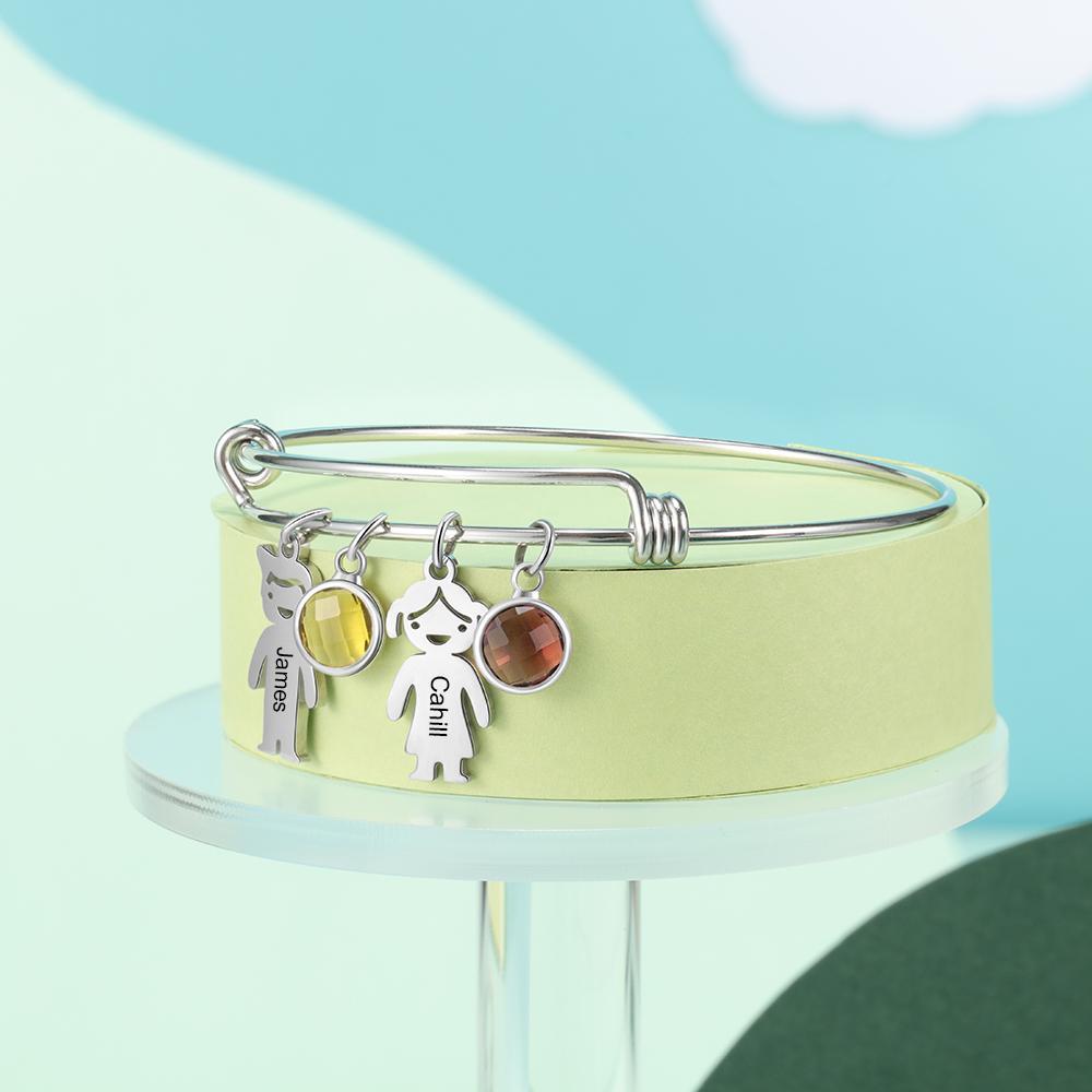 Bangle Bracelet with Kids Charms 2 Birthstone Engraved 2 Names Rose Box Set-Jessemade AU