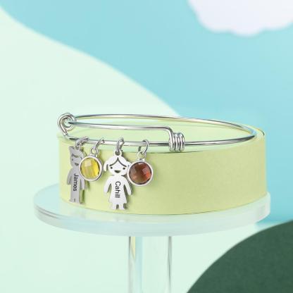 Bangle Bracelet with Kids Charms 2 Birthstone Engraved 2 Names Rose Box Set-Jessemade AU
